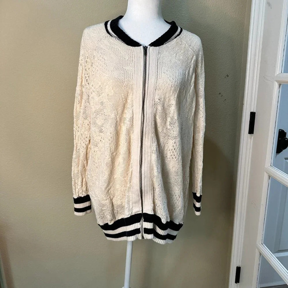 FREE PEOPLE Lace Cutout Zip Front Long Line Cardigan Sweater - Size Medium - Picture 5 of 8